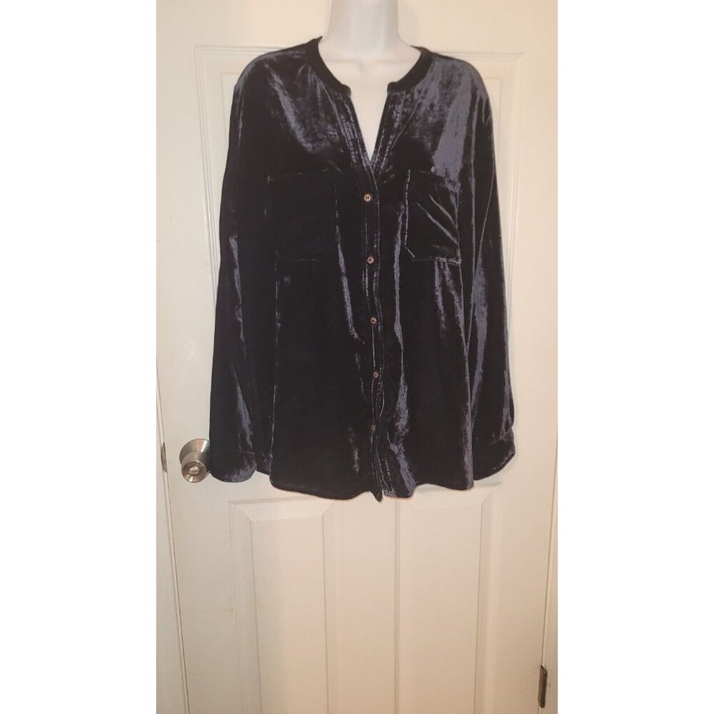 XL Democracy Crushed Blue Velvet Button Up Top Coat Tail Back Long Sleeve EUC - Picture 4 of 7
